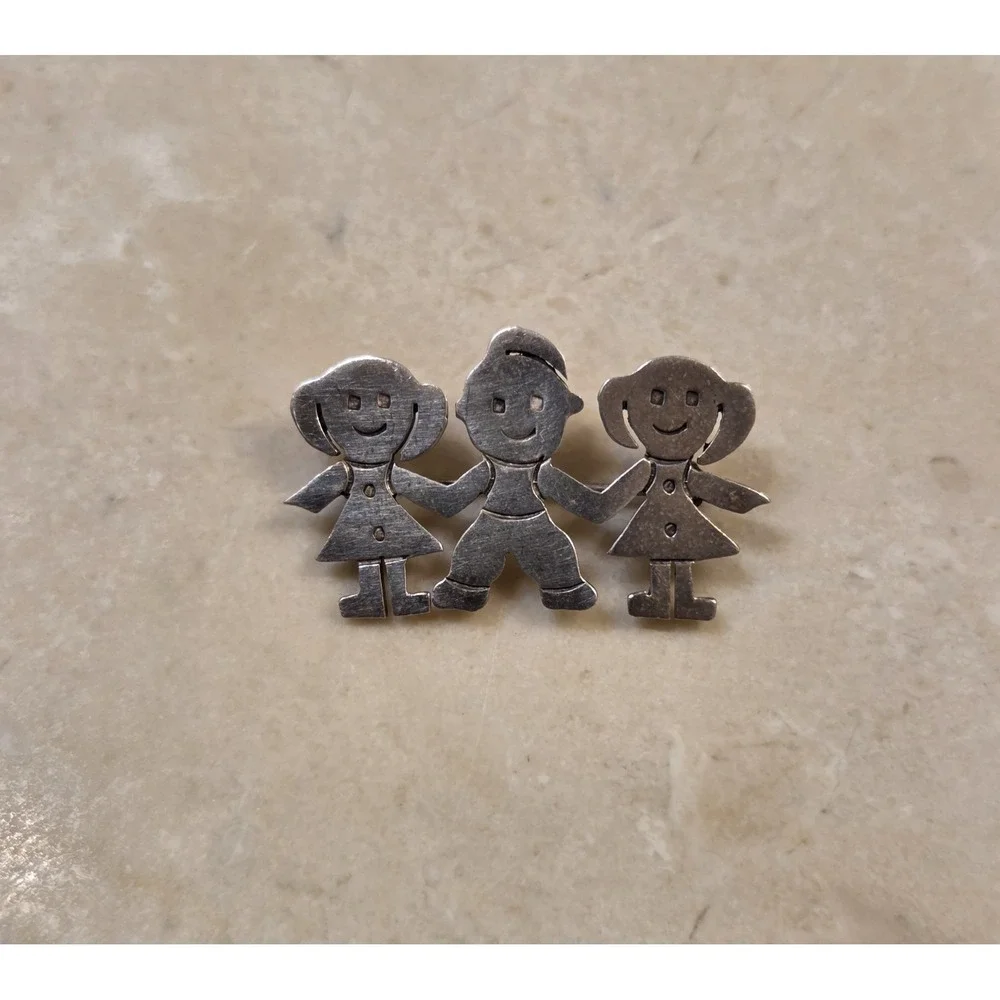 Vintage Mexican Sterling Silver 3 Children Brooch‎ 2 Girls 1 Boy
